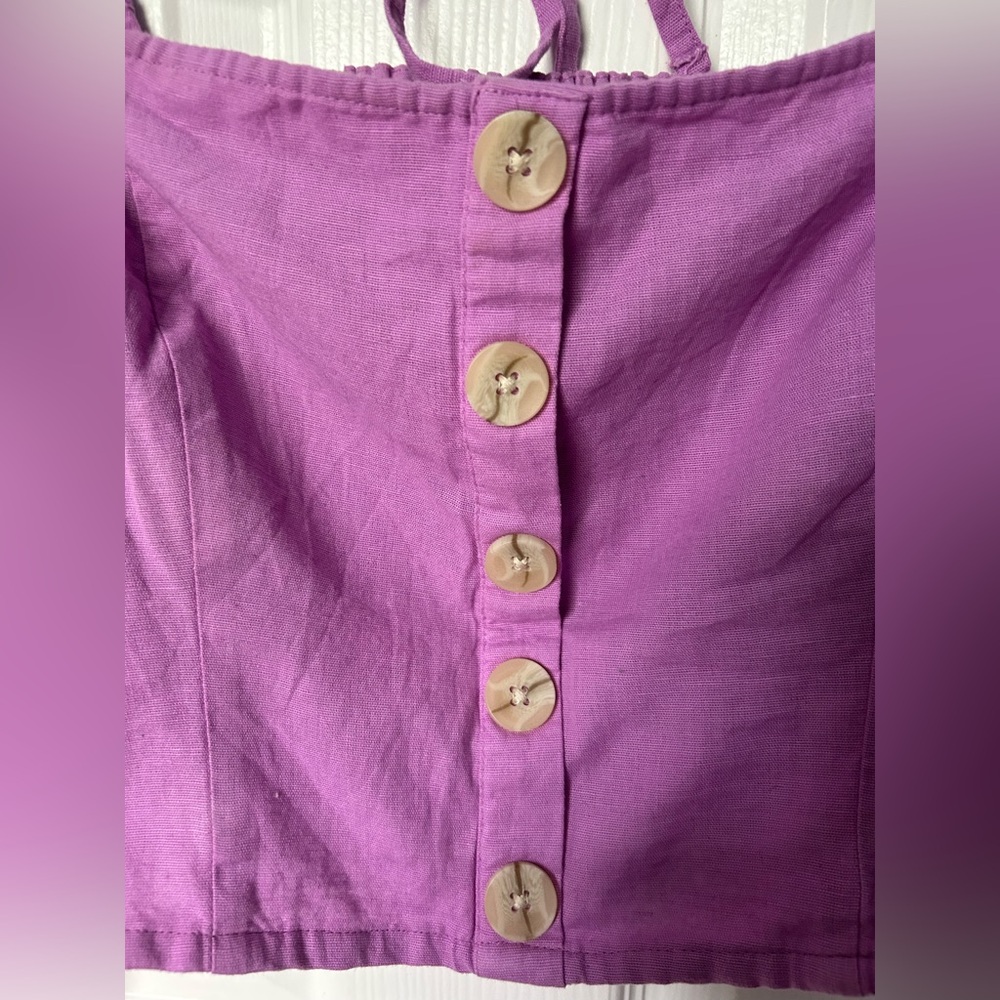 American Eagle Purple Linen Button Crop Puff Sleeve Top Size Medium - Picture 8 of 10